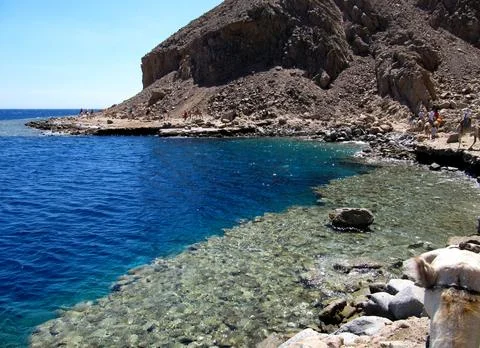 Small bay with blue water on the shore of the Red Sea Caravan of tourists o.. Stock Photos