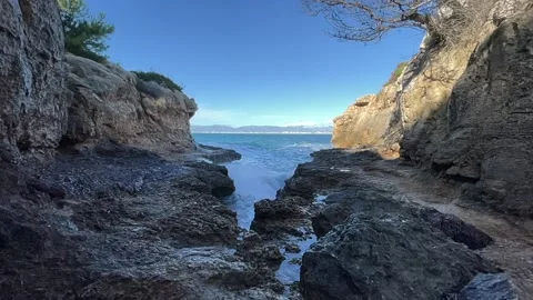 Small bay, Mallorca, wave throws up spray, Slow motion Stock Footage 201933380