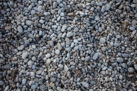 Small beach light pebble rocks floor. Different stones background texture in  Photos