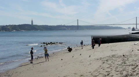 Small beach in Lisbon overlooking the river Stock Footage 41804509