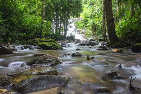 Small beautiful brook stream waterfall cascade in a forest The North Thailand Stock Photos