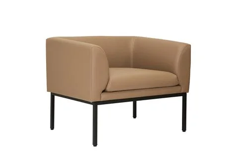 Small beige leather sofa in strict style isolated on white background, side view Stock Photos