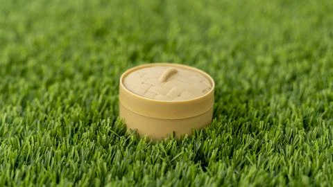 Small Beige Woven Container with Lid on Green Grass 写真素材