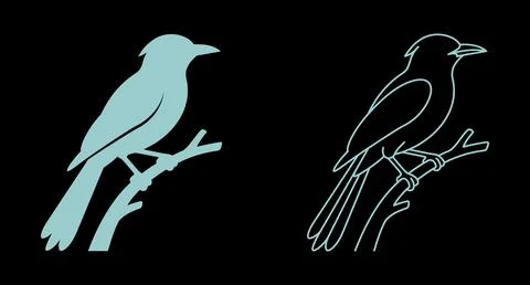 Small bird perched on a tree branch silhouette and line art with black back.. イラスト素材