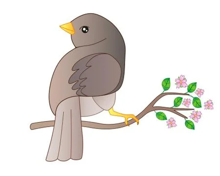 A small bird sits on a flowering spring branch. Vector full color picture. Stock Illustration