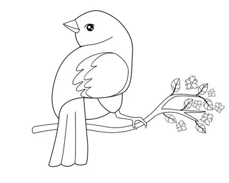 A small bird sits on a flowering spring branch. Vector linear picture Stock-Illustration