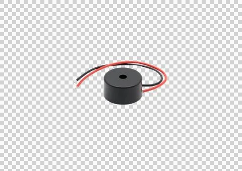 Small black buzzer with wires, electronic component for sound signal alert. Stock Photos