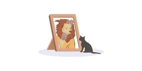 Small black cat looking herself at mirror as huge fierce lion vector graphic Stock Illustration
