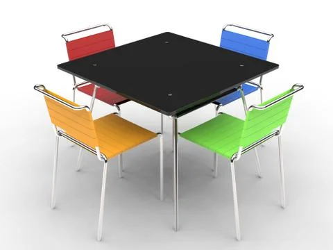 Small black dining table with colorful chairs - 3D render Stock Illustration