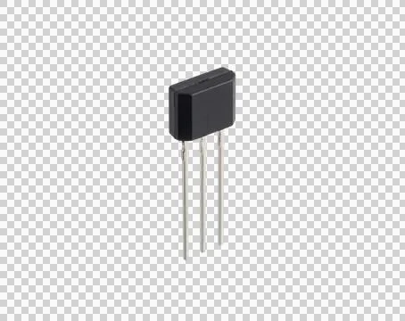 Small black electronic component transistor with three metal pins on transp.. Photos