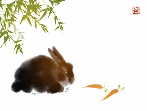 Small black fluffy rabbit sitting under green bamboo tree. Traditional oriental Illustrazione stock