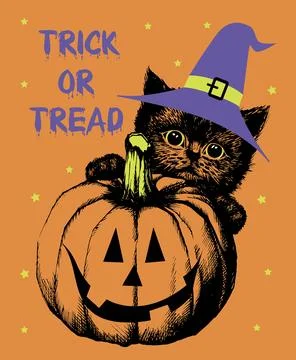 Small black kitten in a witch's hat peeks out of pumpkin. Stock Illustration