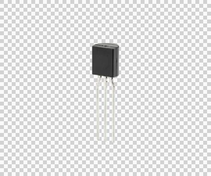 Small black transistor component with three metal legs isolated on a plain .. Stock Photos