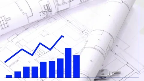 Small blue bars appearing, animated chart expanding and rising over plans, Stock Footage 334768738