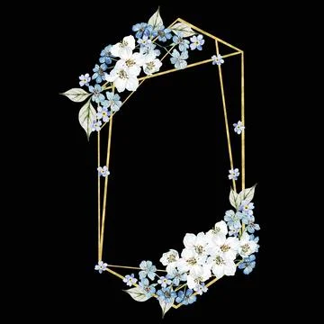 Small blue Flowers and cherry blossom. Floral wedding wreath. Watercolor Stock Illustration