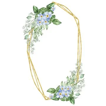 Small Blue Flowers and eucalyptus leaves. Floral wedding wreath. Stock Illustration