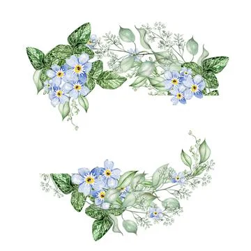 Small Blue Flowers and eucalyptus leaves. Floral wedding wreath. Stock Illustration