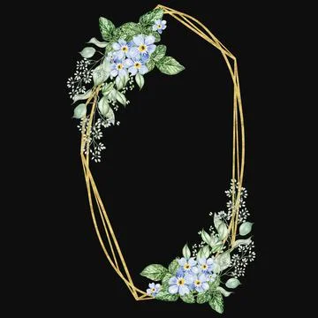 Small Blue Flowers and eucalyptus leaves. Floral wedding wreath. Stock Illustration