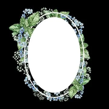 Small Blue Flowers and eucalyptus leaves. Floral wedding wreath. Stock Illustration