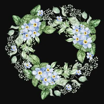 Small Blue Flowers and eucalyptus leaves. Floral wedding wreath. Stock Illustration