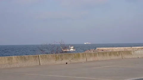 Small boat docks on shore Stock Footage 170048745