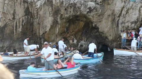 Small boat exiting the blue grotto on capri, italy Stock Footage 45099449