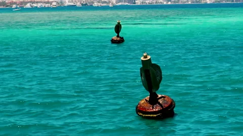 A small boat with few passengers passing between two traffic signs. Video stock 155446895