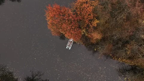 Small boat floating on a river surrounded by autumn foliage Stock Footage 315560027