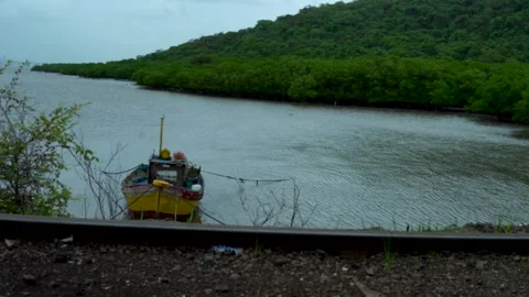 Small Boat Moored Along a Green Shoreline During Monsoon Stock Footage 344727419