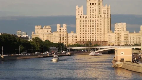 Small boat navigation at summer on Moskva river in Moscow city, Russia Stock Footage 77272027