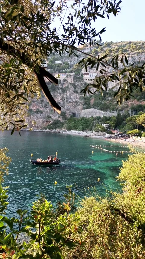Small boat with passengers passing olive tree branches at Cap d’Ail on the Stock Footage 342558853