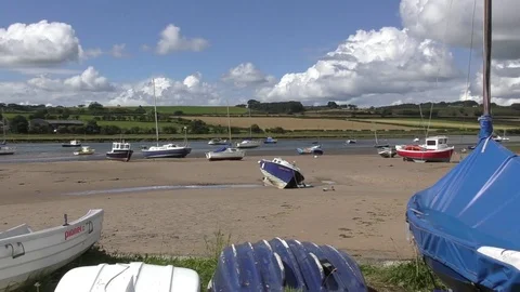 Small boats blue sky clouds beach Stock Footage 80759218