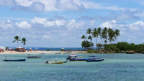 Small boats in harbor at Morro de Sao Paulo, Tinhare Island, Bahia, Brazil. Stock Footage 146096249