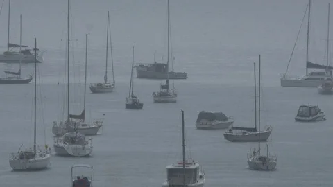 Small Boats Parked in Harbor During Rain Storm 库存影片 72436719