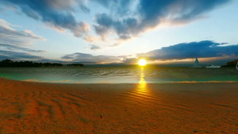Small boats at sea and empty beach at sunset Video stock 148332625