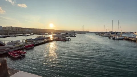 Small boats in sunset light. Harbour in Vieste, Italy. Stock Footage 254333923