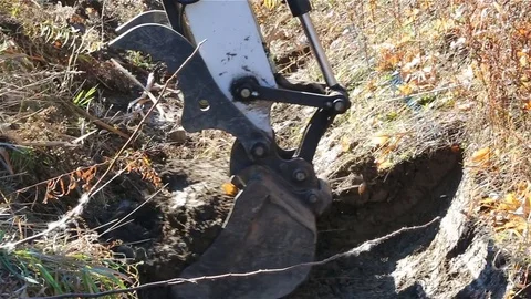 Small bobcat excavator digging ditch Stock Footage 77278447