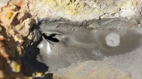 Small boiling mud cattle taken at thermal pools in crater of volcano, Kamchatka. Stock Footage 67181626