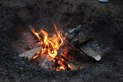 A small bonfire at the evening forest camp Stock Photos