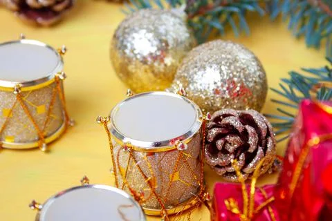 Small boxes in a pile on the table, drums and cones - close-up decor Stock Photos