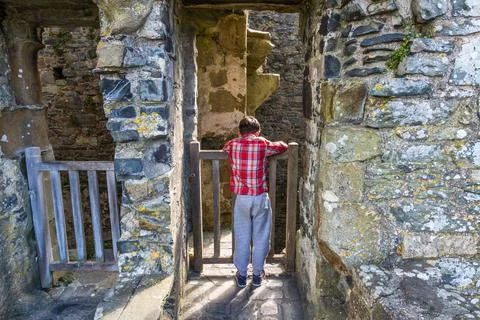 Small boy in castle looking over wooden rail Stock Photos