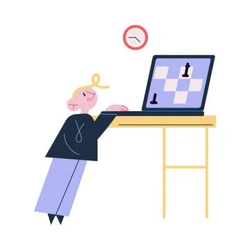 Small boy child standing and playing chess online on laptop on table Stock Illustration