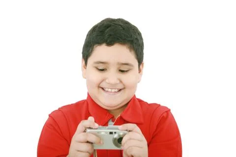 Small boy with digital camera on white background Stock Photos