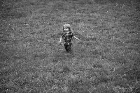 Small boy on green grass Stock Photos