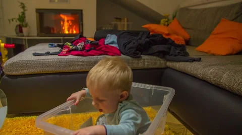 Small boy is happy sitting in a big empty box Stock Footage 58402176