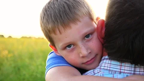 Small boy looking into camera and hugging his dad against bright sunlight Stock-Footage 308699288