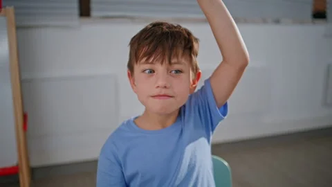 Small boy raising hand at lesson closeup. Smiling pupil learning at school room Stock Footage 279556425