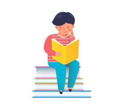 Small boy reading interesting book studying vector illustration Stock Illustration