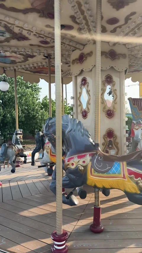 Small boy riding merry-go-round horse in the public park Stock Footage 255800503