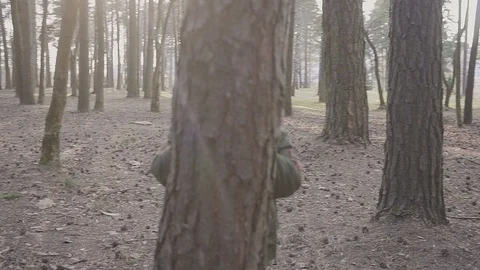Small boy running in the forest, laughing and playing hd Stock Footage 106467994